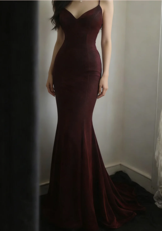 Charming Burgundy Spaghetti Straps Satin Mermaid Long Party Dress Backless Evening Gown D2324