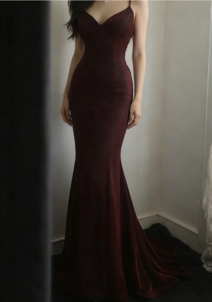 Charming Burgundy Spaghetti Straps Satin Mermaid Long Party Dress Backless Evening Gown D2324