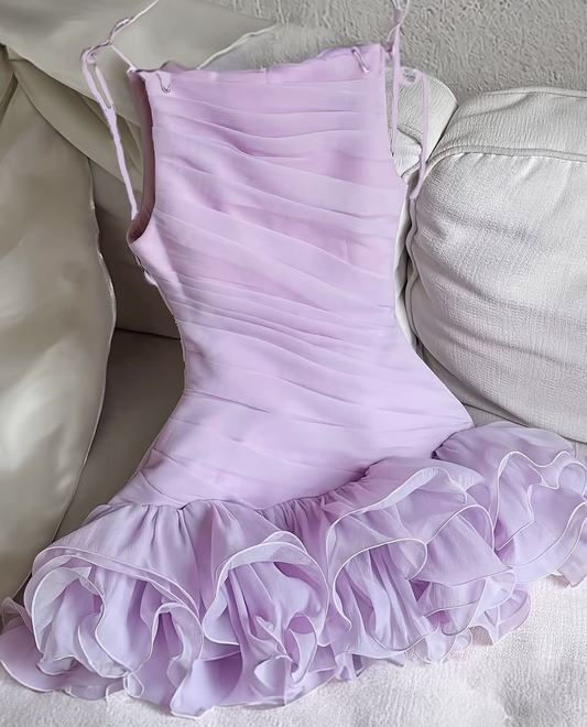 Cute Spaghetti Straps Purple Chiffon Ruffle Mini Cocktail Dress Short 6th Grade Homecoming Dress D2814