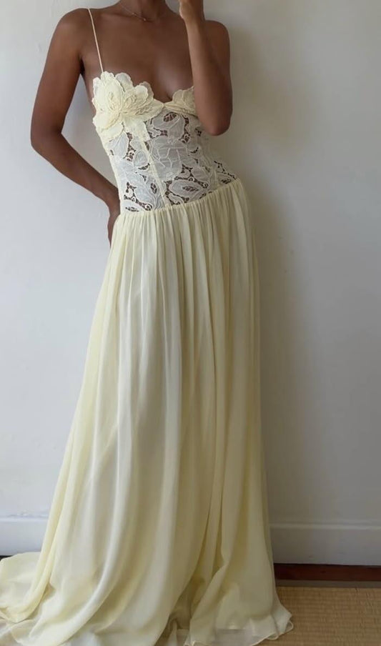 Elegant Spaghetti Strap Pastel Yellow Lace Chiffon Long Party Dress Evening Gown D3432