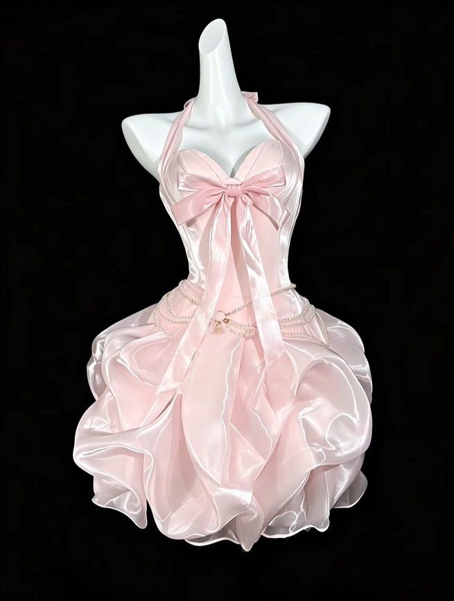 Charming Pink Halter Satin Tulle Pleated A Line Short Birthday Outfits,Formal Graduation Homecoming Dress D4173