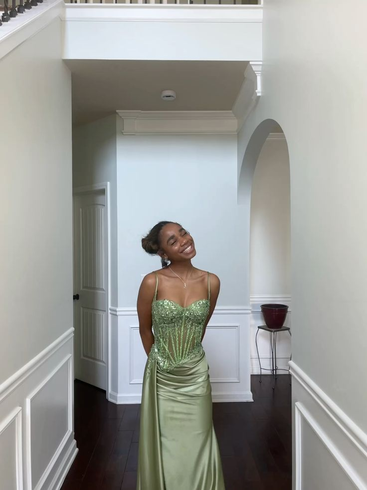 Charming Satin Beaded Appliques Mermaid Party Dress Sage Green Slit Long Prom Gown D5002