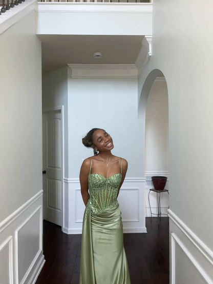 Charming Satin Beaded Appliques Mermaid Party Dress Sage Green Slit Long Prom Gown D5002