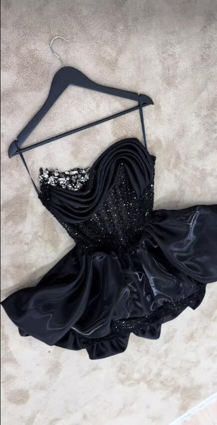 Sexy Black Satin Beaded Short Homecoming Dress Strapless Short Party Dress D4434