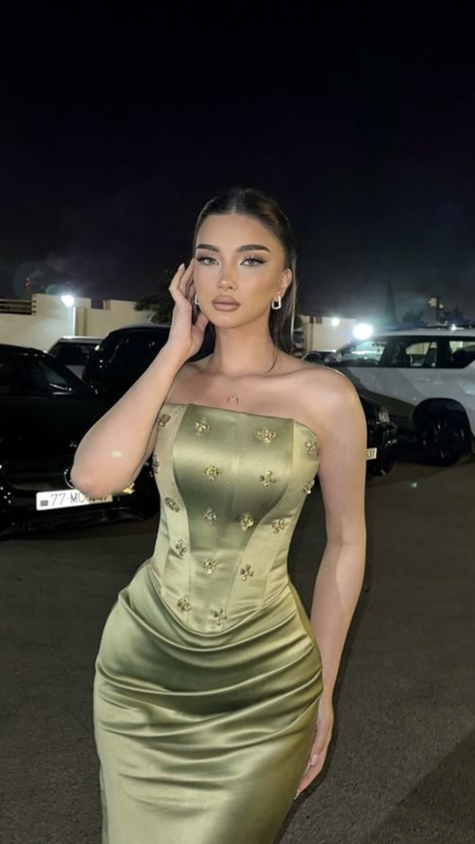 Vintage Olive Green Strapless Satin Pleated Beaded Mermaid Evening Dress Formal Birthday Prom Gown D1089