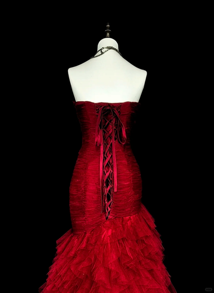Charming Strapless Tulle Pleated Ruffles Mermaid Long Prom Dress Burgundy Evening Dress D5386