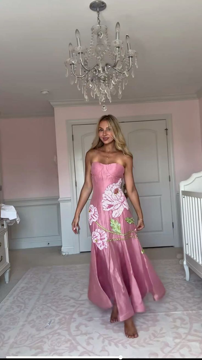 Charming Pink Satin Floral Mermaid Long Evening Dress Strapless Long Wedding Guest Dress D4395