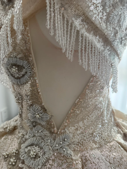 Sparkly Light Champagne Sequin Beaded Floral Sweet 15 Dress,Off The Shoulder Quinceanera Dress D3711