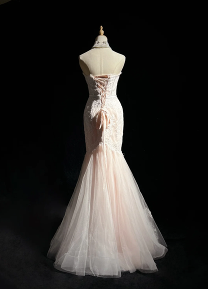 Pretty Strapless Light Pink Tulle Lace Appliques Mermaid Long Evening Dress Formal Wedding Guest Dress D2075