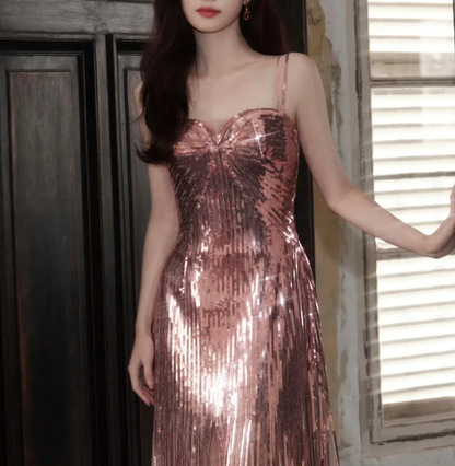 Sparkly Spaghetti Straps Pink Sequin Long Birthday Party Dress Evening Gown D2145
