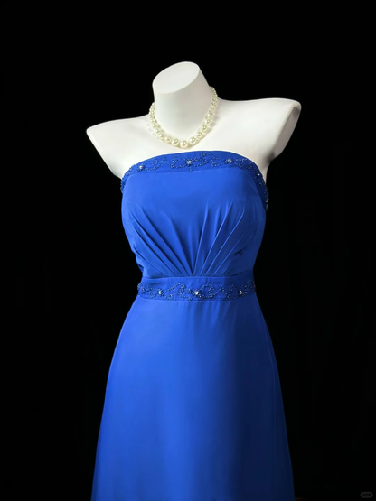 Chic Strapless Satin Beaded Long Wedding Guest Dress Royal Blue Evening Dress Party Dress D2519