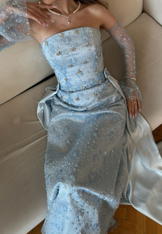 Elegant Blue Strapless Satin Beaded Long Party Dress Birthday Evening Gown D1923
