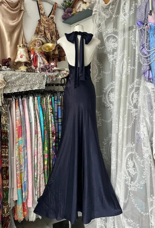 Retro Halter Satin Mermaid Navy Blue Backless Long Evening Dress Formal Birthday Party Dress D1123