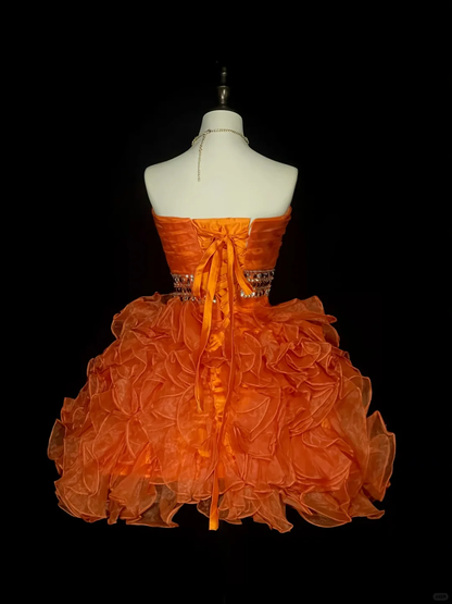 Unique Orange Tulle Pleated Beaded A Line Short 20th Birthday Outfits,Strapless Short Party Dress D4072