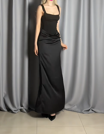 Fashion Black Spaghetti Straps Satin Sheath Long Wedding Guest Dress Formal Evening Dresses D2492
