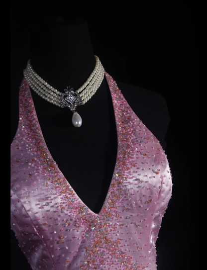 Classy Halter V Neck Satin Beaded Mermaid Long Party Dress Birthday Dress D2243