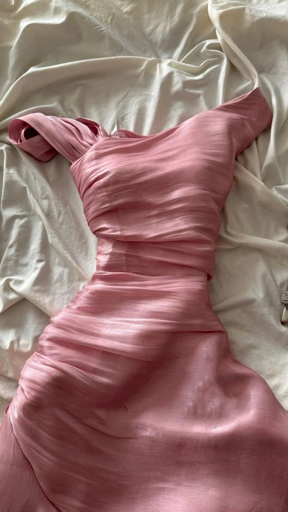 Pretty Sheath Pink Long Ruffles Prom Dresses Formal Evening Dress SD2388