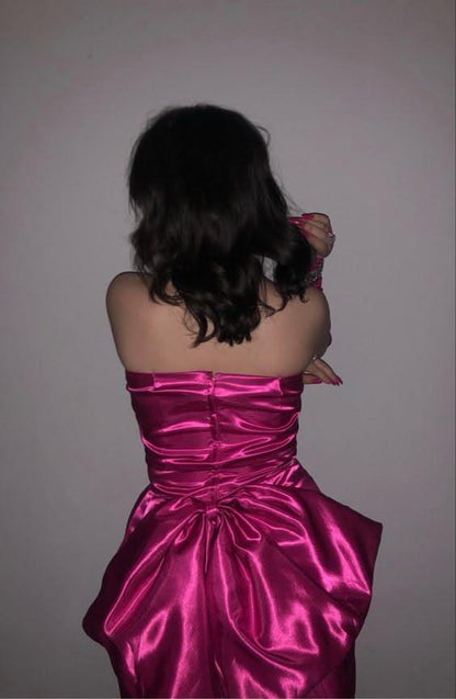 Fashion Hot Pink strapless Satin Short Graduation Homecoming Dress Birthday Outfits With Bow D4433