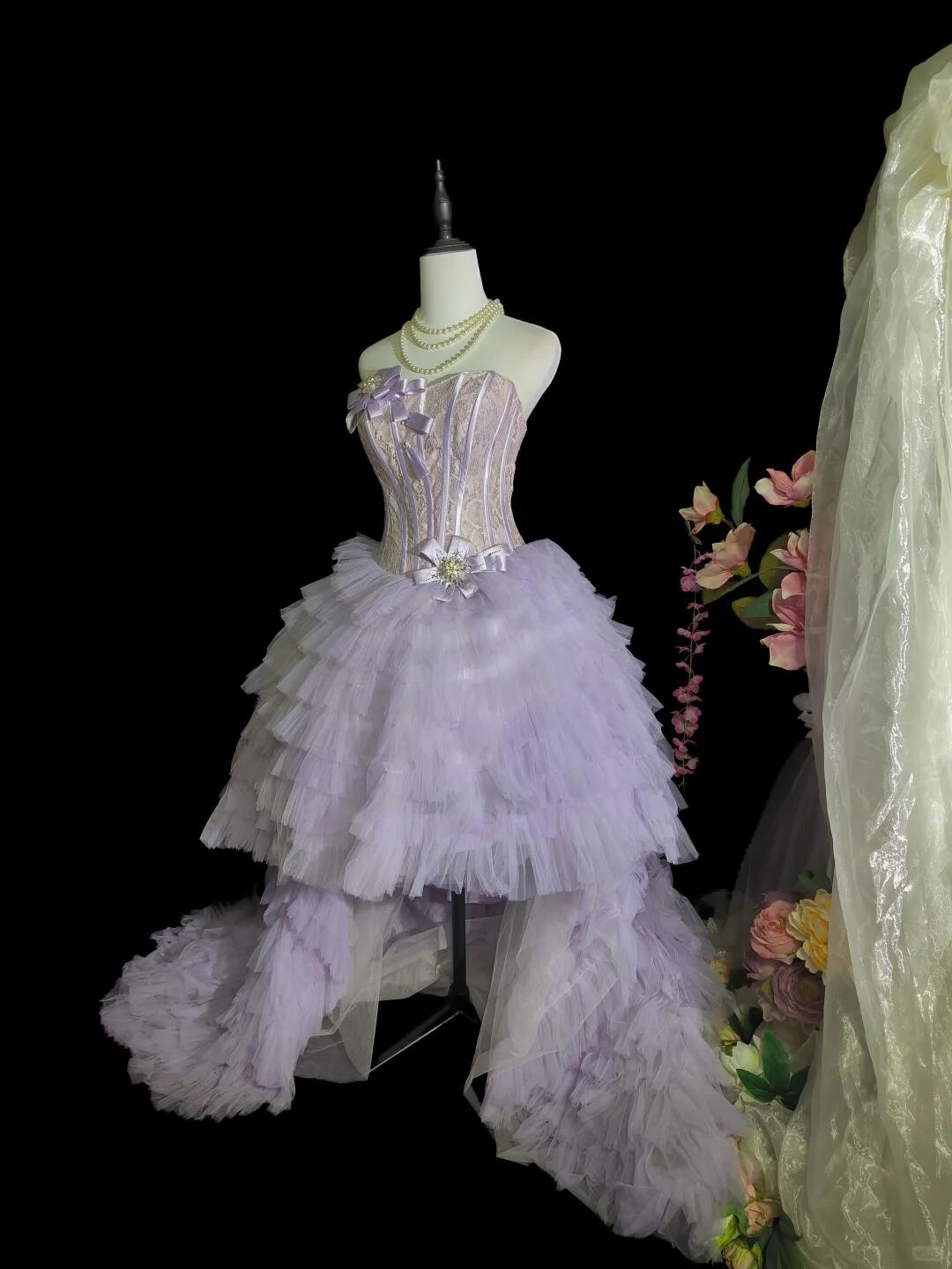 Glamorous Lilac Strapless Lace Tulle Layered Formal Graduation Homecoming Dress Birthday Dress D3155