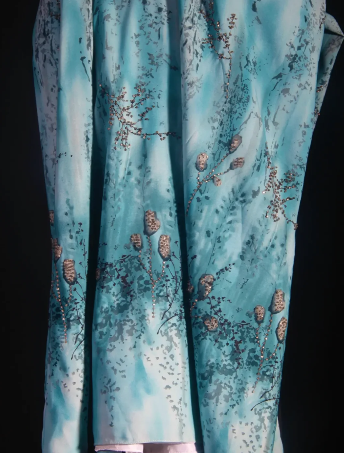 Vintage Square Neck Blue Chiffon Beaded Long Prom Dress Birthday Party Dress D2259