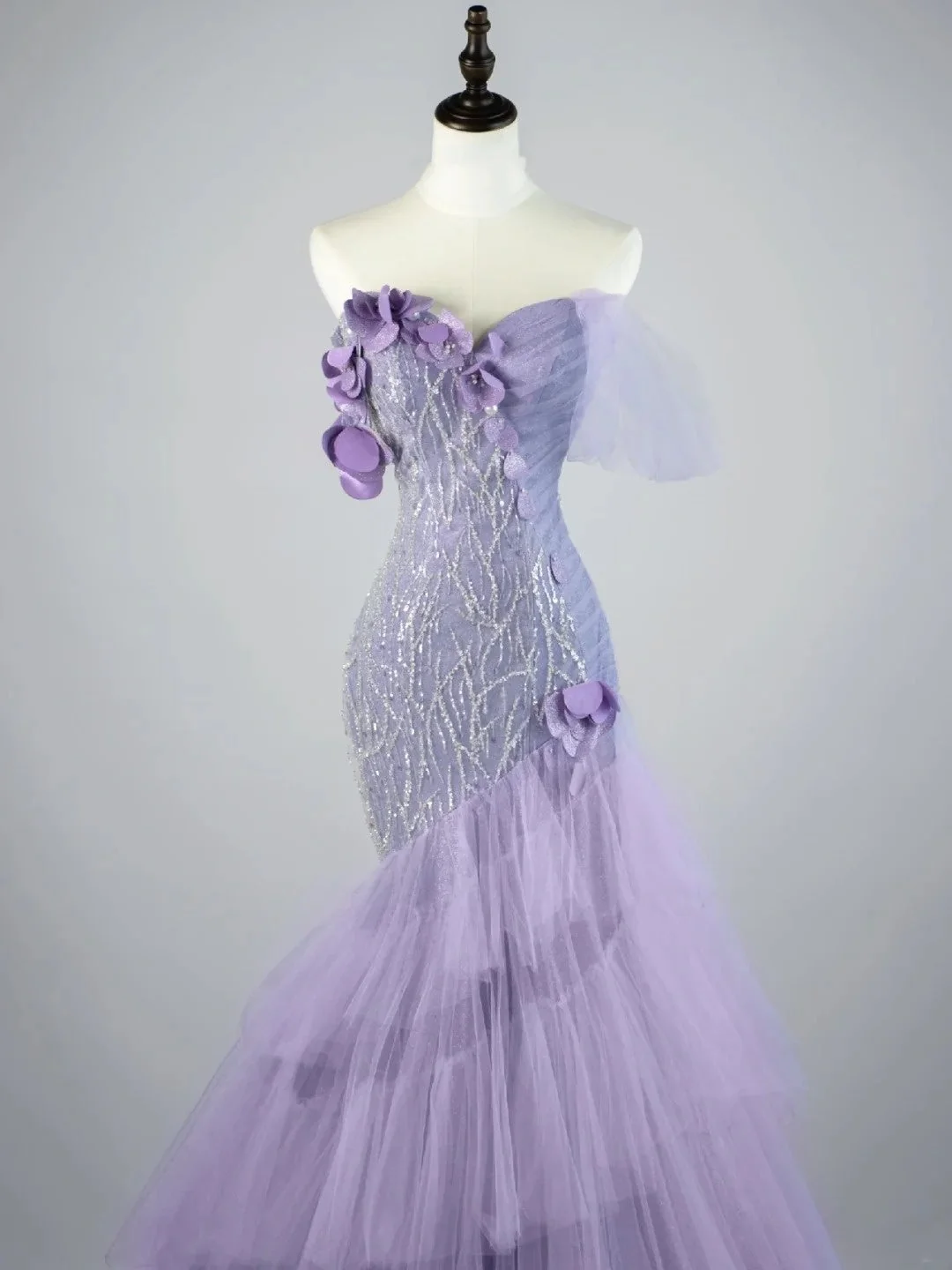 Glamorous Off The Shoulder Lilac Tulle Sequin Beaded Mermaid Long Evening Dress Party Gown D4525