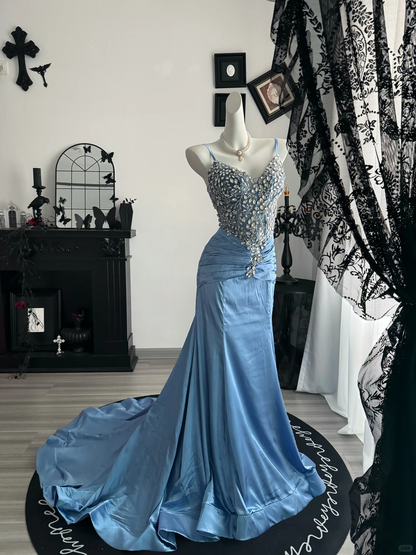 Elegant Spaghetti Straps Blue Satin Beaded Mermaid Evening Dress Long Party Gown D3703