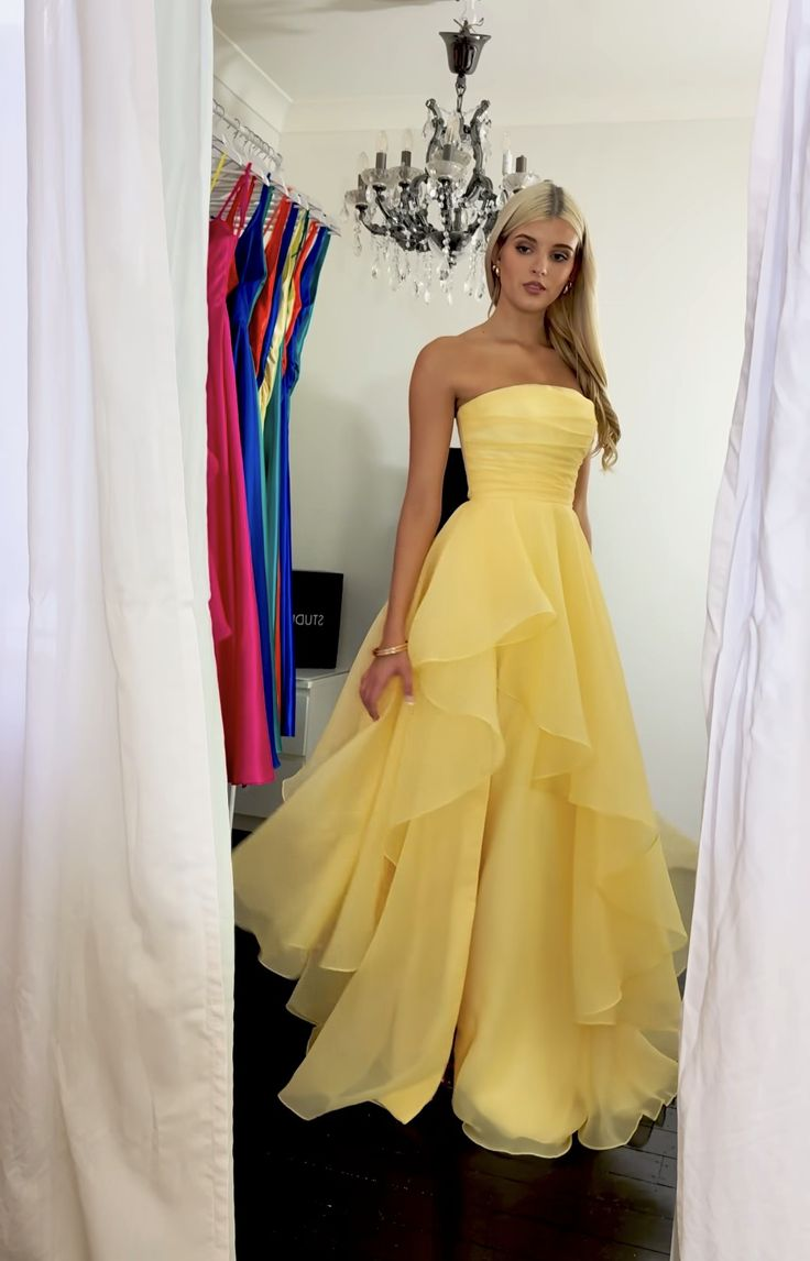 Classy Strapless Yellow Tulle Slit Long Prom Dress Formal Birthday Party Dress D1141