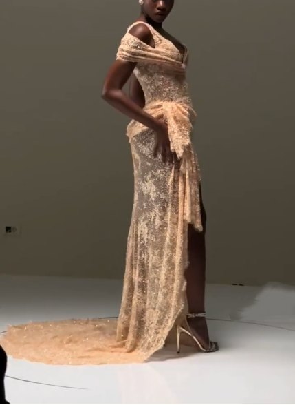 Sexy Champagne Nude Lace Mermaid Evening Dress,Off The Shoulder High Slit Long Prom Gown D2971
