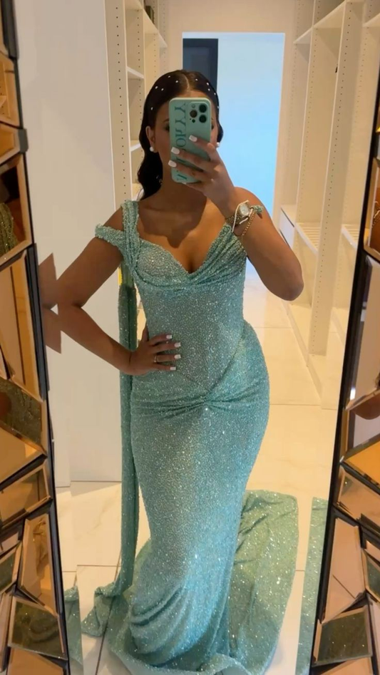 Shiny Sequin Pleated Mermaid Party Dress Blue One Shoulder Long Evening Gown D1303