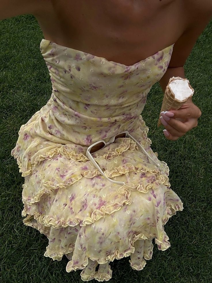 Classy Strapless Yellow Chiffon Floral Long Prom Dresses Layered Ruffles Evening Dresses D4517