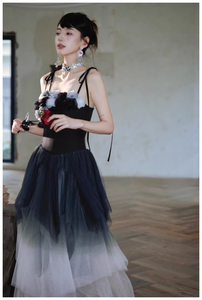 Elegant Spaghetti Straps Ombre Black Tulle Layered A Line Long Party Dress Evening Dress D2416