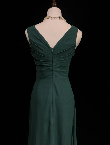 Vintage V Neck Dark Green Chiffon Long Wedding Guest Dress Formal Evening Dress Prom Gowns D2059
