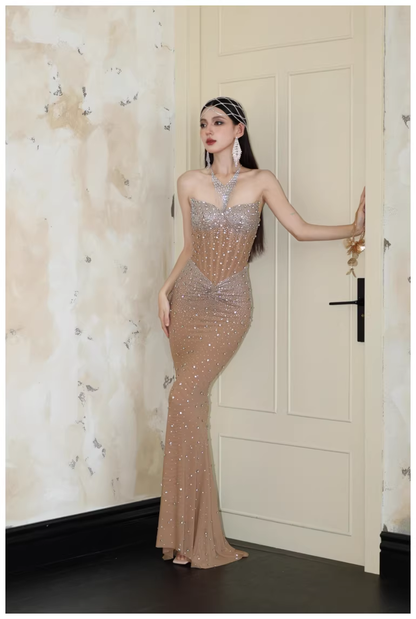 Sexy Strapless Chiffon Beaded Mermaid Long Evening Dress Party Gown D2425