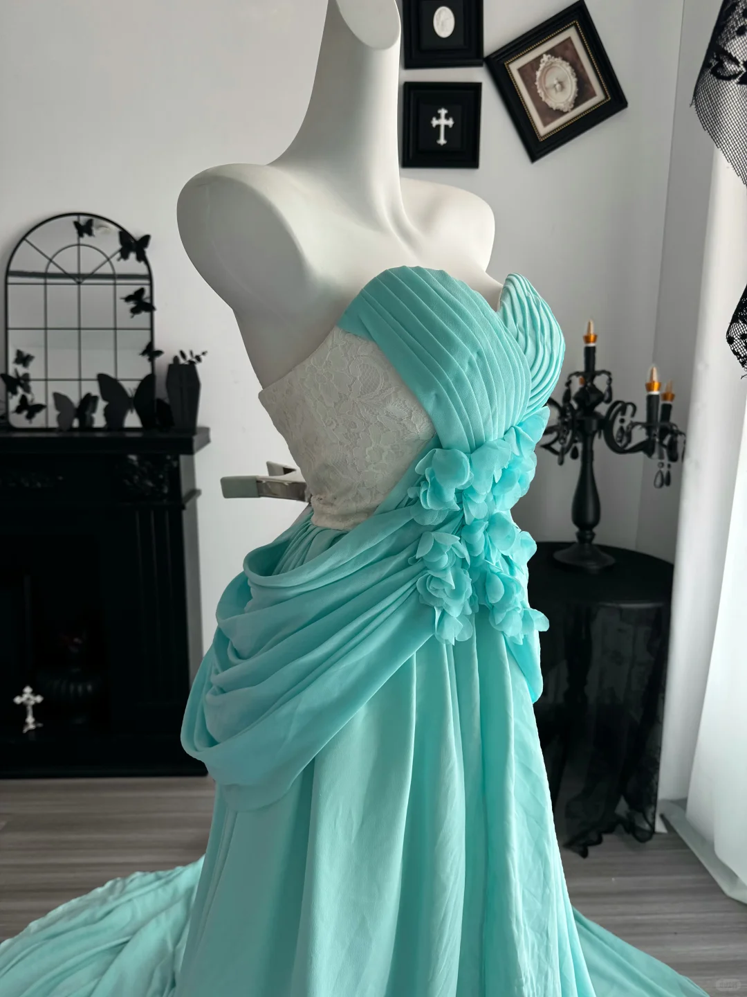 Classy Strapless Mint Green Lace Chiffon Prom Dress Sweetheart Neck High Slit Long Evening Gown D3718