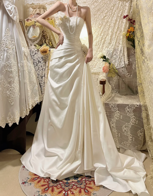 Pretty White Strapless Satin Pleated Appliques Mermaid Long Wedding Guest Dress Party Dress D21111