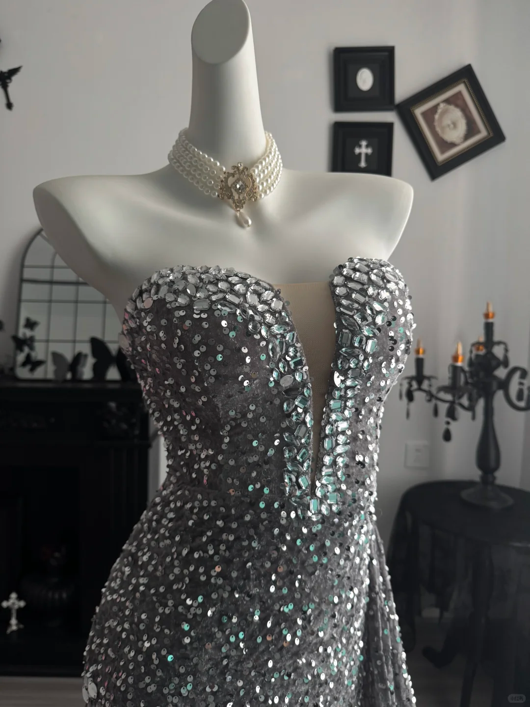 Sparkly Strapless Velvet Sequin Rhinestones Mermaid Long Party Dress,Gray Birthday Evening Dress D3710