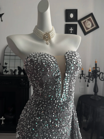 Sparkly Strapless Velvet Sequin Rhinestones Mermaid Long Party Dress,Gray Birthday Evening Dress D3710