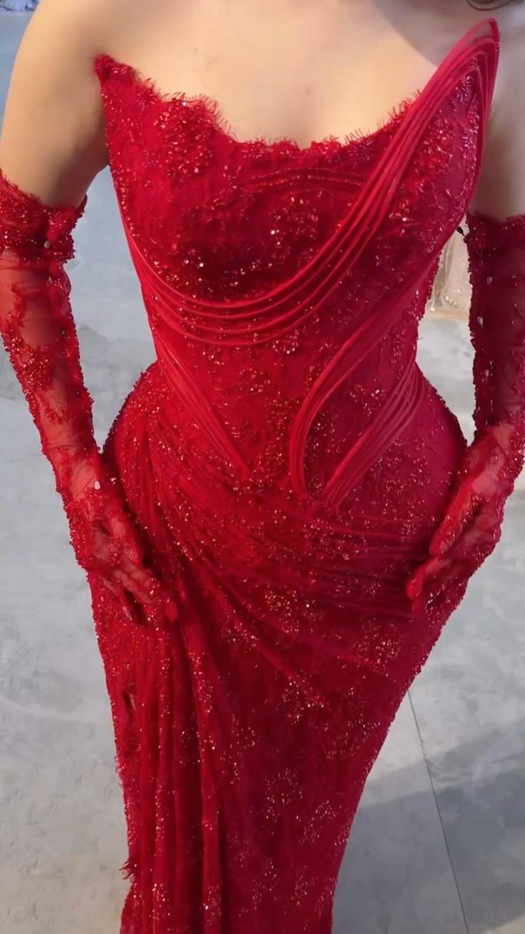 Sexy Red Long Evening Dress Strapless Lace Beaded High Slit Party Gown With Gloves D5144