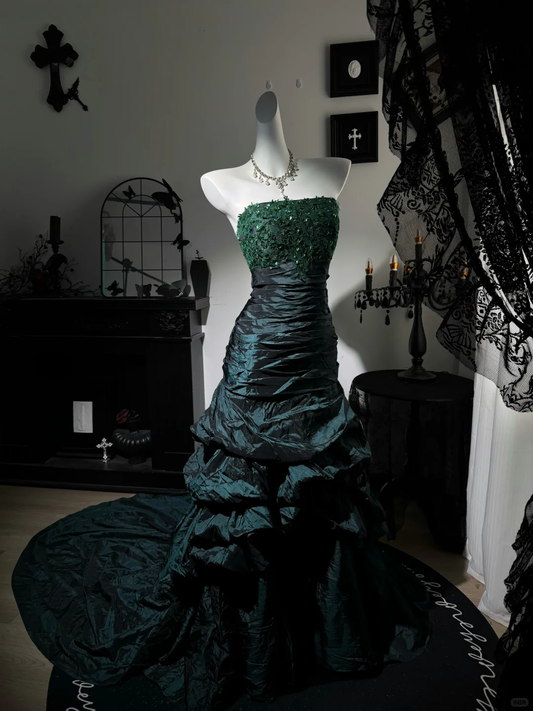 Fashion Dark Teal Satin Pleated Sequin Mermaid Evening Dress Strapless Long Wedding Guest Dress D3734