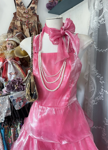 Pretty Halter Organza Pleated Pink Layered Long Party Dress Birthday Outfits D1287