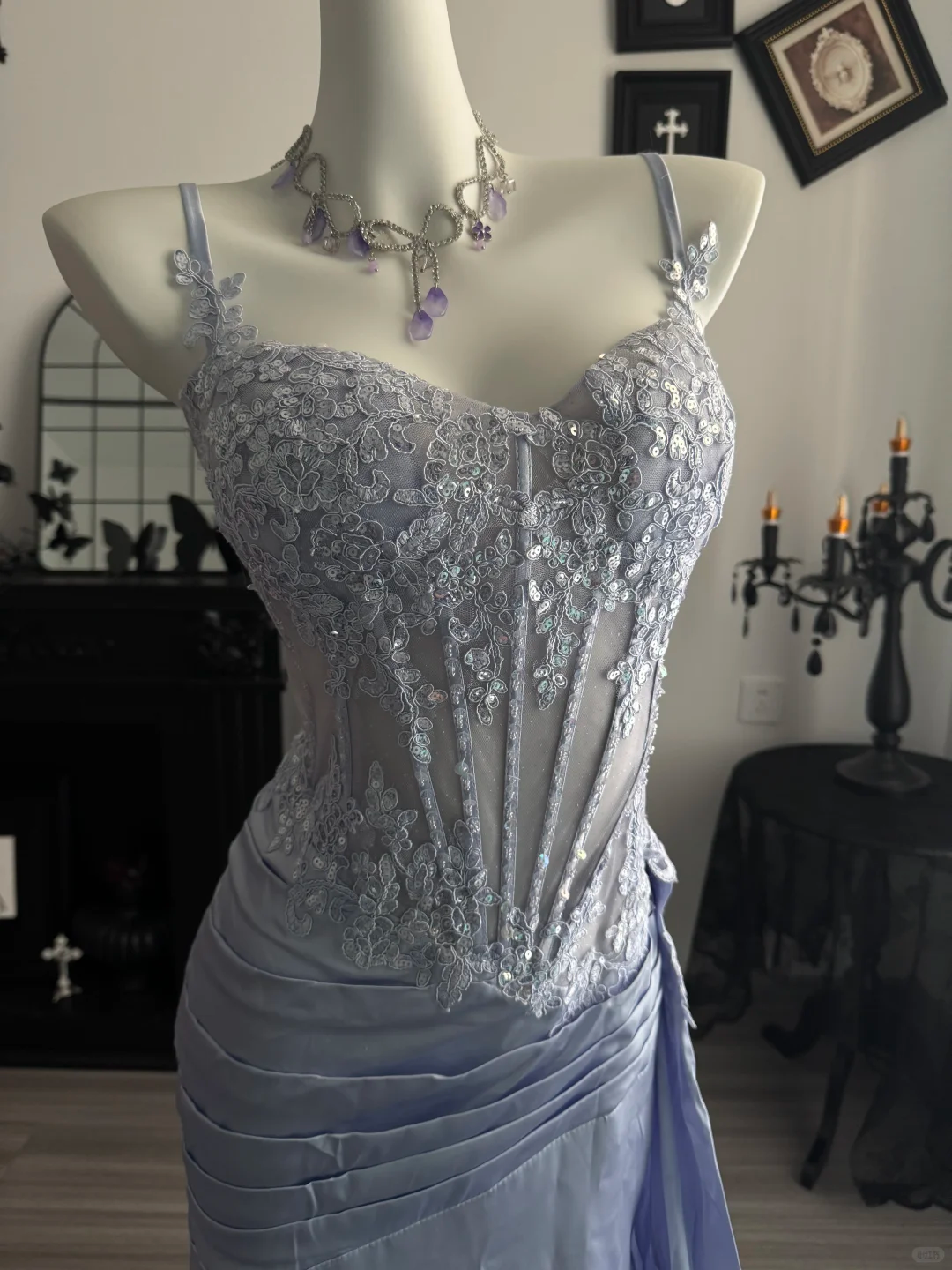 Charming Lilac Satin Sequin Slit Mermaid Prom Dress,Spaghetti Straps Long Evening Dress D3704
