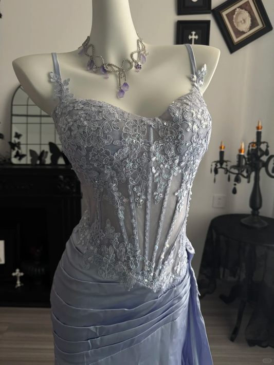 Charming Lilac Satin Sequin Slit Mermaid Prom Dress,Spaghetti Straps Long Evening Dress D3704