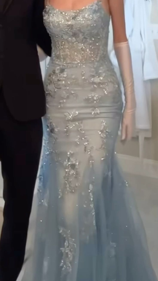 Charming Sky Blue Spaghetti Straps Tulle Sequin Mermaid Evening Dress Long Prom Dress With Gloves D887