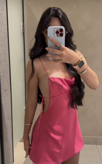 Sexy Spaghetti Straps Pink Satin Short Cocktail Dress Homecoming Dress D497