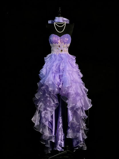 Princess Sweetheart Neck Lilac Sequin Beaded Tulle Ruffle Tiered High Low Long Evening Dress Birthday Party Gown D4881