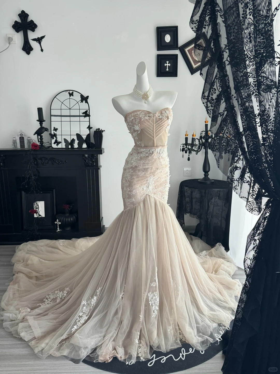 Elegant Light Apricot Tulle Appliques Mermaid Party Dress,Strapless Long Evening Dress D3691