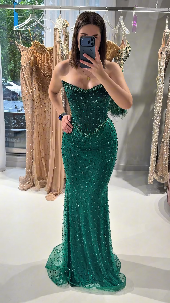 Luxurious Green Tulle Beaded Mermaid Party Dress Strapless Mermaid Long Evening Dress D5250