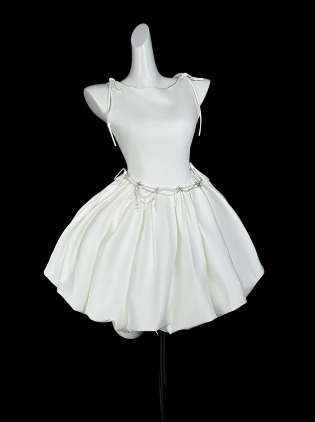 Simple Sleeveless White Satin A Line Short Birthday Party Dress,Mini Homecoming Dress D4175