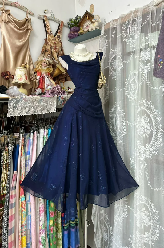 Elegant Navy Blue Chiffon Sequin Short Prom Dress Birthday Party Dress D3197