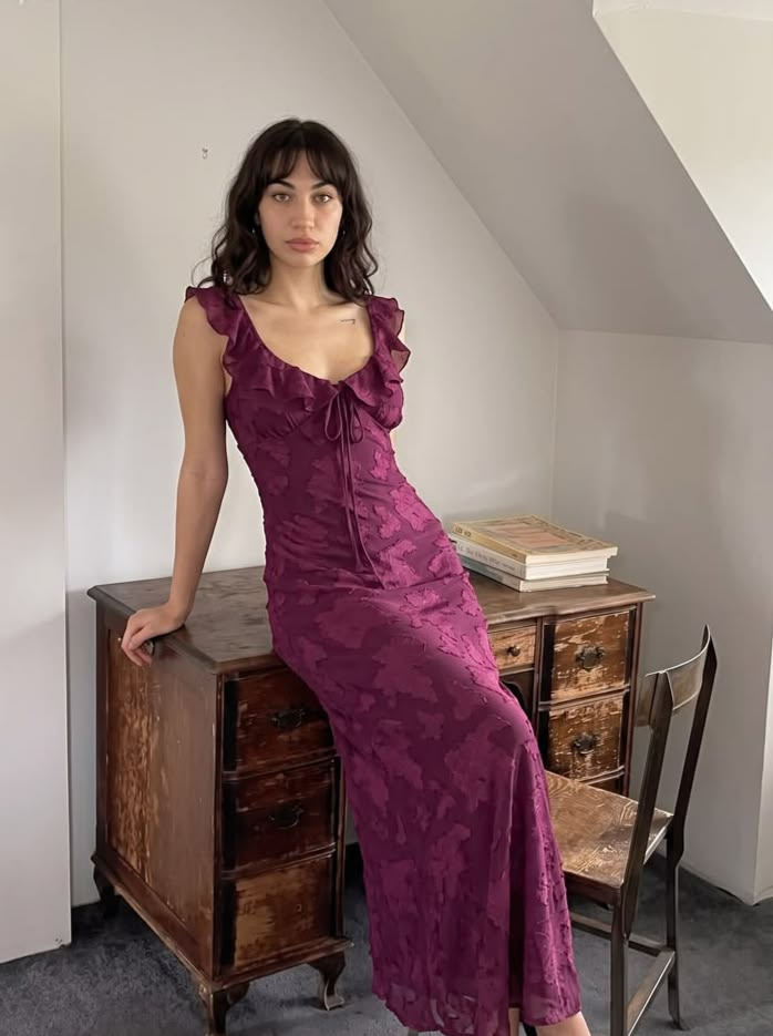 Charming Ruffle Neck Lace Mermaid Long Party Dress Plum Long Wedding Guest Dress D4284